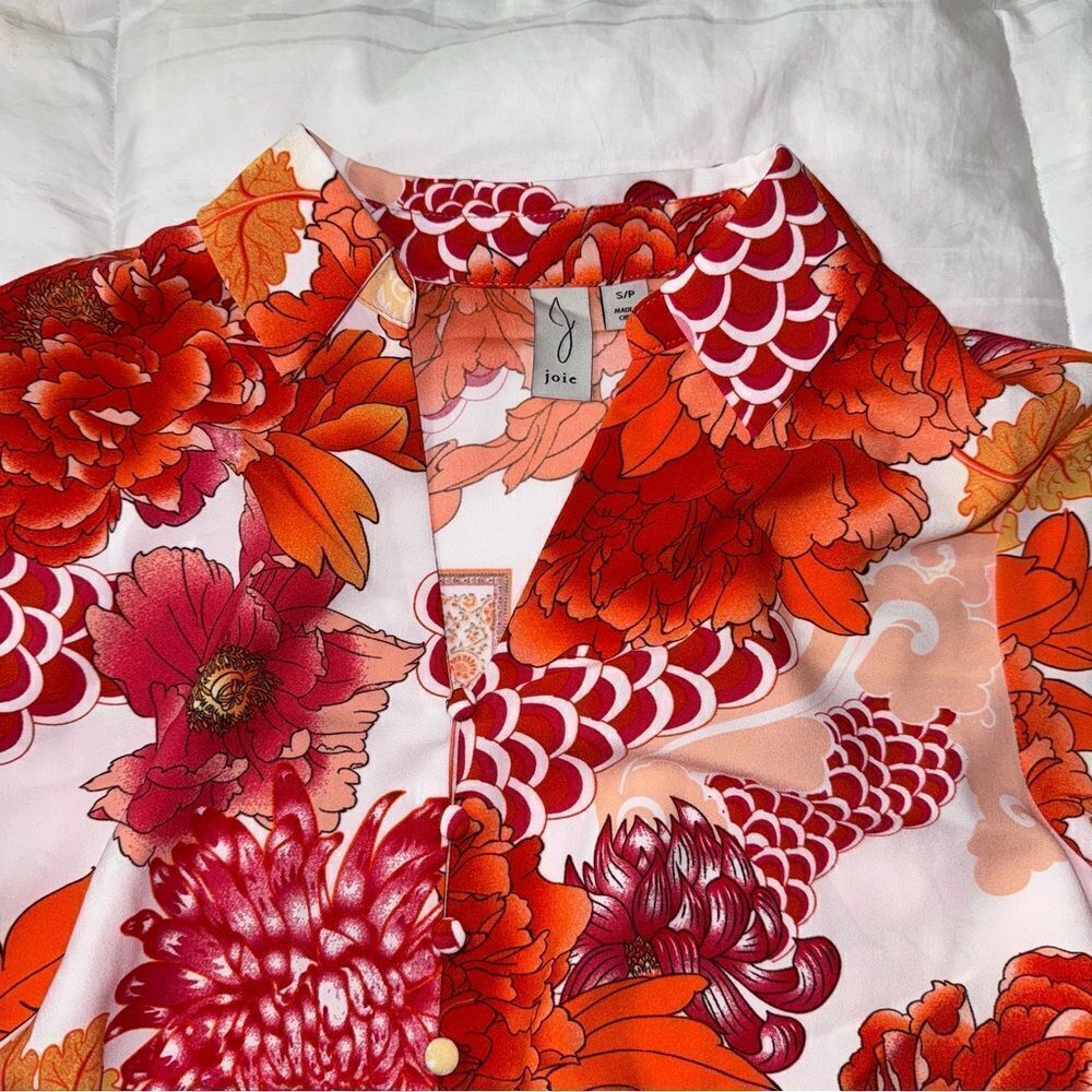 Joie Long Sleeve Orange & White floral tie@waist button down- NWOT- size small - Picture 15 of 16